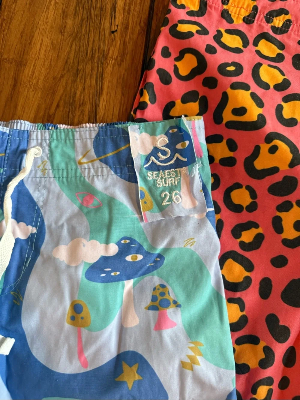 Kids Swim Trunks - Pink Leopard & Blue Surf Print with Drawstring Never Worn